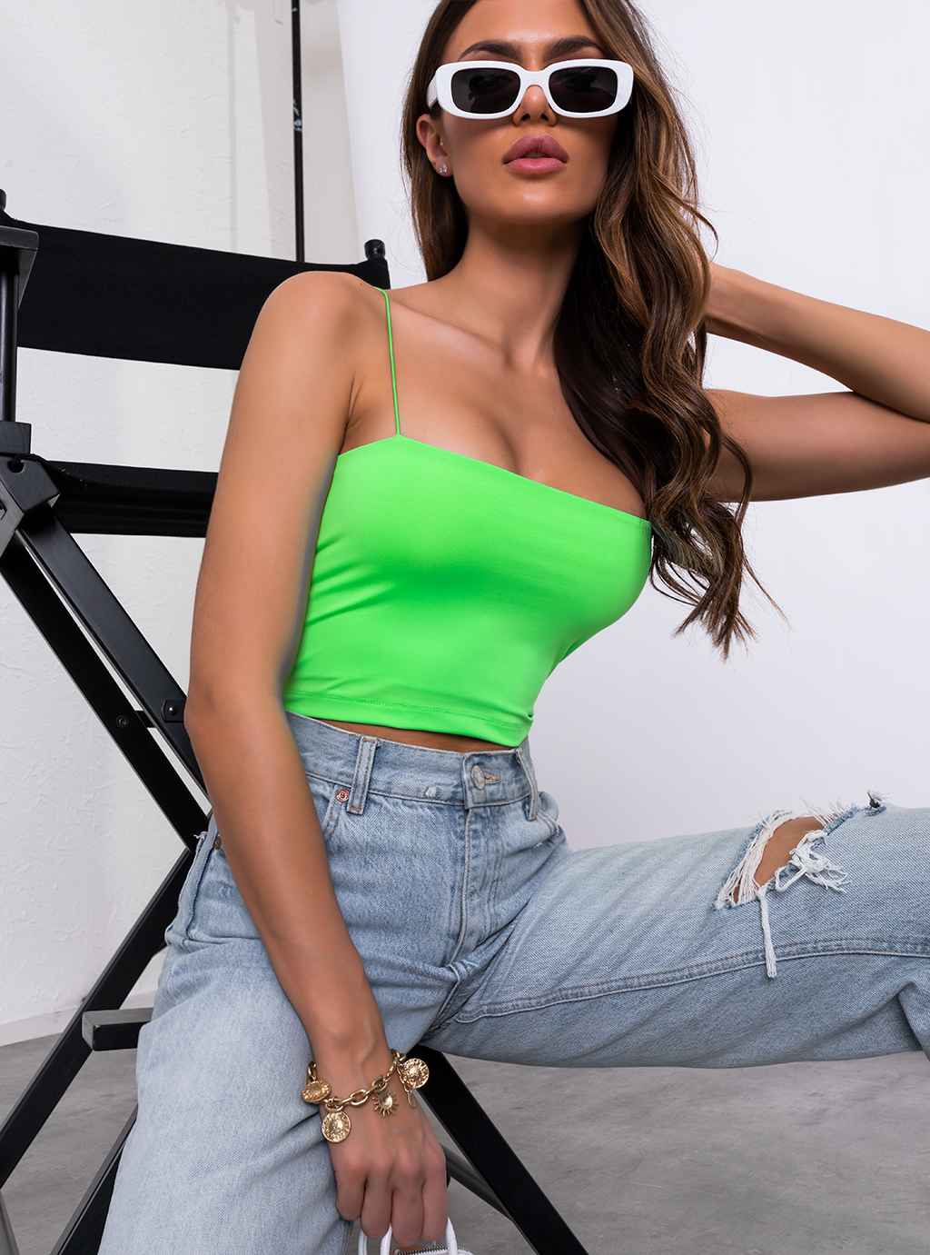 Imbi- krótki top z lycry na cienkich ramiączkach - neon green 4