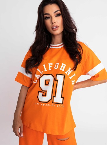 Shari- bawełniany t-shirt z nadrukiem- pomarańczowy