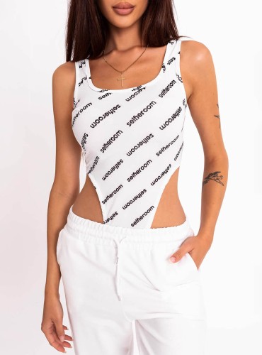 Runita- body na grubych ramiączkach z wysokim wycięciem na biodrach i nadrukiem- biało-czarne