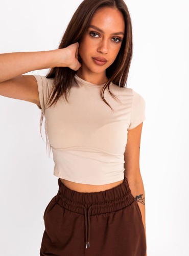 Viktoria- krótka bluzka z ozdobnym przeszyciem pod biustem- beż 