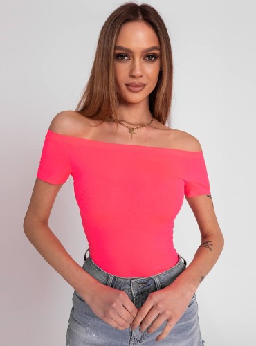 Leena- dopasowana bluzka z lycry z dekoltem typu hiszpanka- neon pink