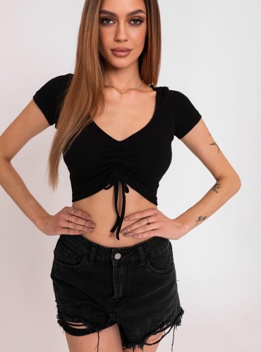 Delika- krótki top ze ściągaczem i dekoltem w literę V- czarny