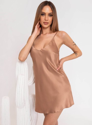 Stelia- satynowa koszula nocna na cienkich ramiączkach- mocca