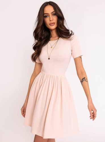 Sella - rozkloszowana sukienka z szlachetnej dzianiny punto z krótkim rękawem - beż 