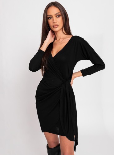 Laure - Kopertowa sukienka z wysokiej jakości wiskozy z długim rękawem i wiązaniem -   czarna