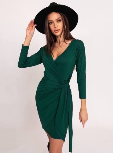Laure - Kopertowa sukienka z wysokiej jakości wiskozy z długim rękawem i wiązaniem -  zielona
