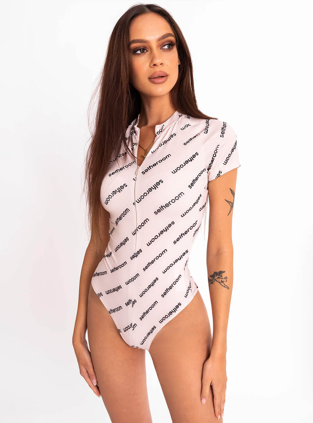Daxi - dopasowane body z krótkim rękawem, sexi dekolt - beżowo-czarne 3