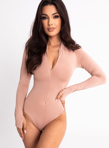 Nuray- body z lycry z długim rękawem i dekoltem zapinanym na zamek - beż