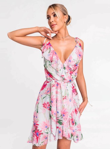 Madi - krótka romantyczna sukienka ze zwiewnego materiału - niebieska w kwiaty