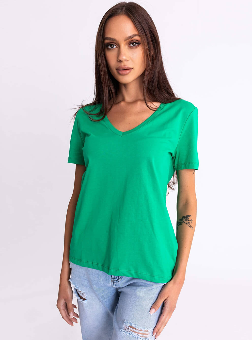 Lissie - klasyczny bawełniany t-shirt z dekoltem w literę V - zielony 6
