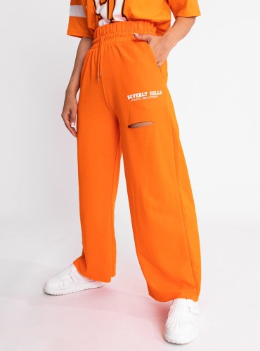 Lolli- spodnie z szeroką nogawką, ozdobnym nadrukiem i rozcięciem- pomarańczowe