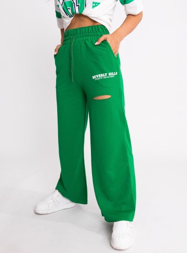 Lolli- spodnie z szeroką nogawką, ozdobnym nadrukiem i rozcięciem- zielone