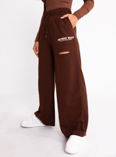 Lolli- spodnie z szeroką nogawką, ozdobnym nadrukiem i rozcięciem- brąz