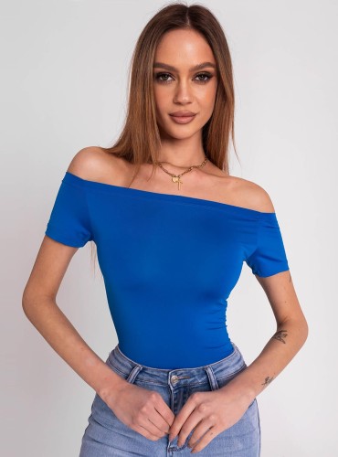Leena- dopasowana bluzka z lycry z dekoltem typu hiszpanka- niebieska