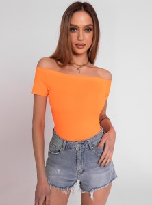 Leena- dopasowana bluzka z lycry z dekoltem typu hiszpanka- neon orange