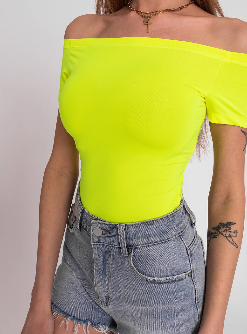 Leena- dopasowana bluzka z lycry z dekoltem typu hiszpanka- neon yellow 4
