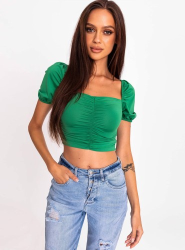 Aullica- krótka bluzka z lycry z drapowaniem i rękawem z bufką- zielona