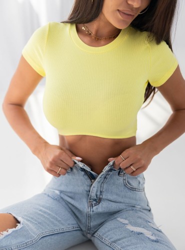 Defne- dopasowany top z prążkowanej dzianiny z krótkim rękawem- żółty
