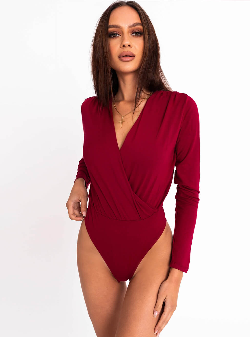 Mila - kopertowe body z długim rękawem - bordo 11