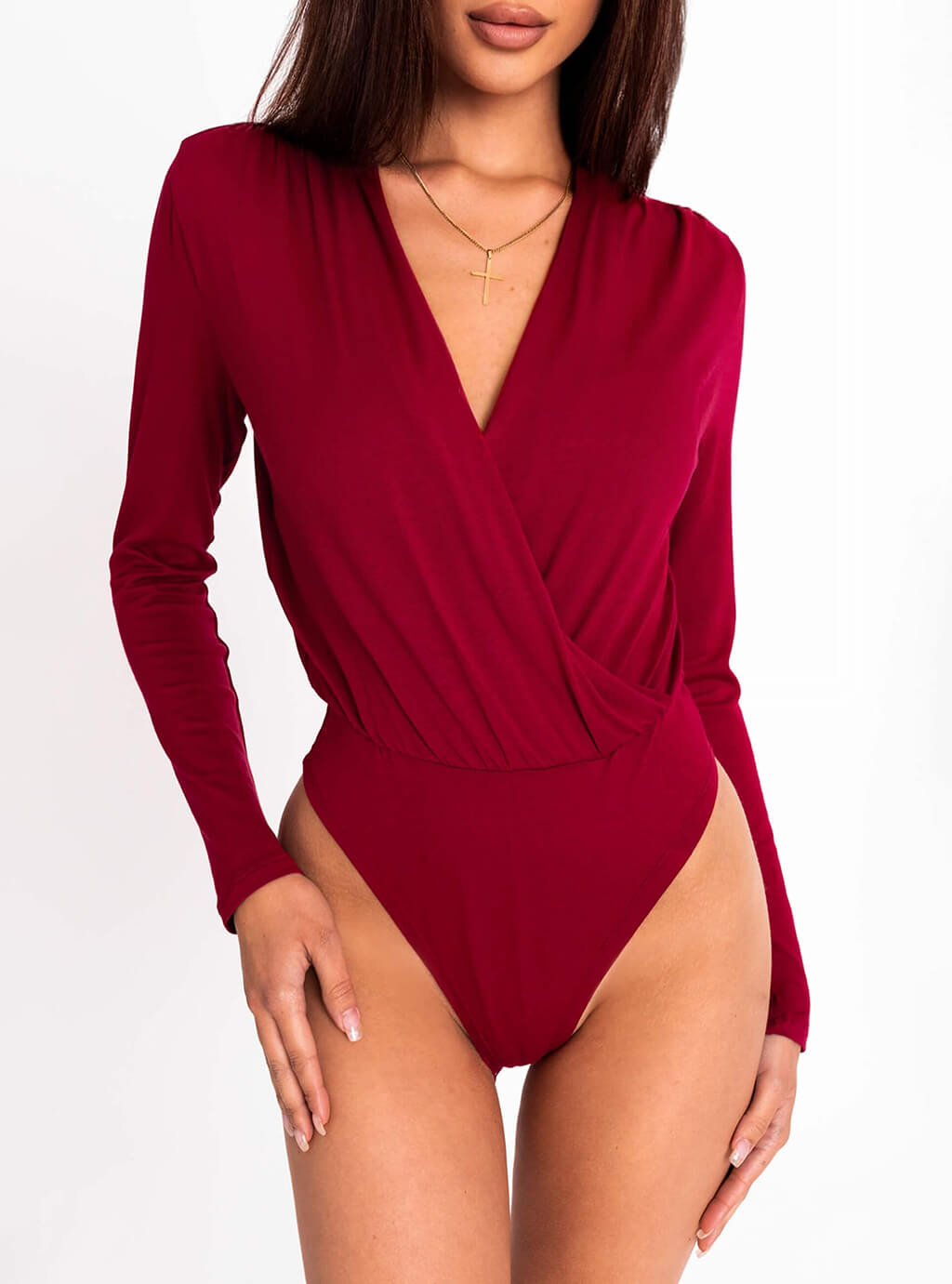 Mila - kopertowe body z długim rękawem - bordo 13