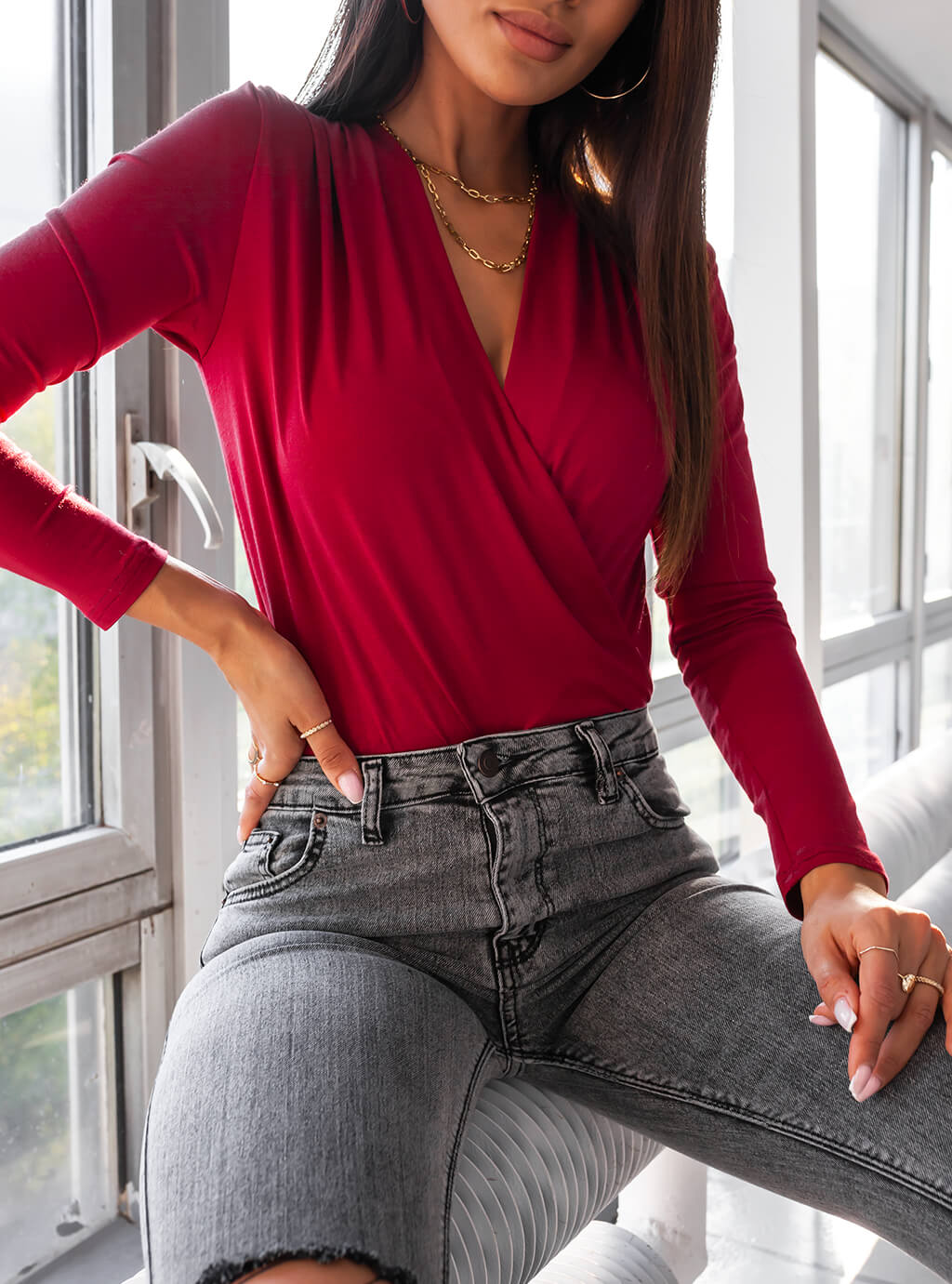 Mila - kopertowe body z długim rękawem - bordo 3