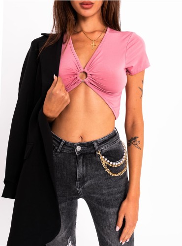 Vanesa- top z krótkim rękawem i ozdobnym kółkiem na dekolcie- powder