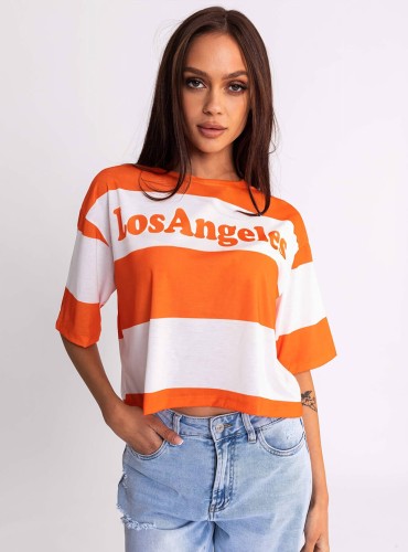 Hetty- krótki, oversizowy t-shirt z nadrukiem- biało - pomarańczowa
