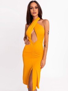 Deliza- sukienka o wielu możliwościach wiązania z dopasowanym dołem z marszczeniem- pomarańczowa