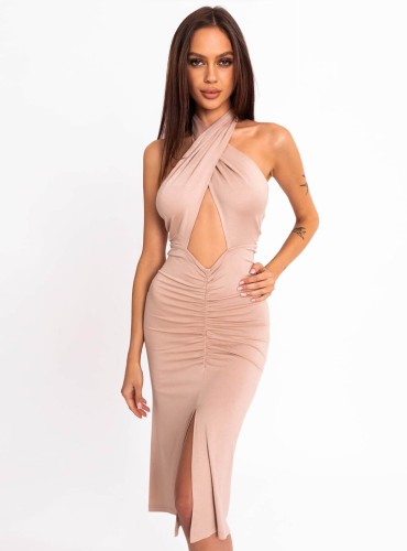 Deliza- sukienka o wielu możliwościach wiązania z dopasowanym dołem z marszczeniem- beż