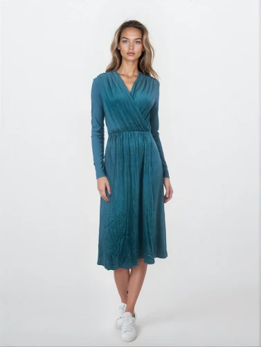 Midine - sukienka z wysokiej jakości wiskozy z długim rękawem - petrol