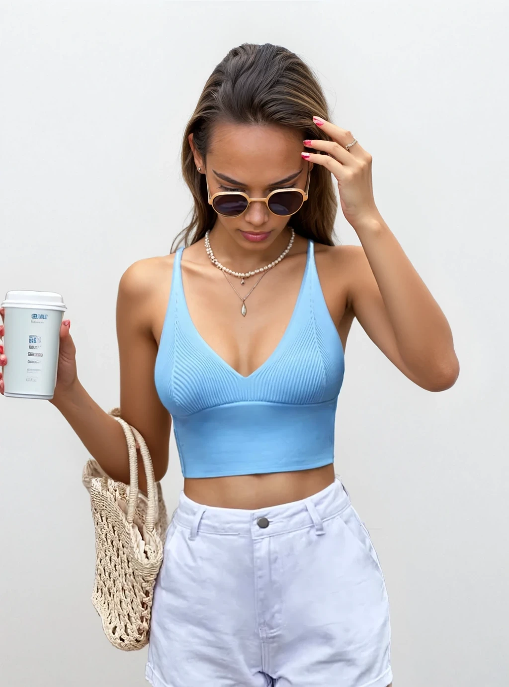 ROSHARS - crop top z dzianiny - niebieski
