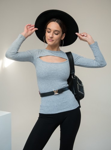 Deko -  dopasowana bluzka z prążkowej dzianiny z długim rękawem - szara