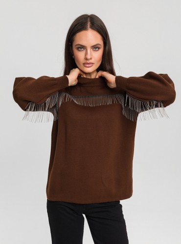 Sweter Dakota – brązowy sweter z ozdobnymi frędzlami