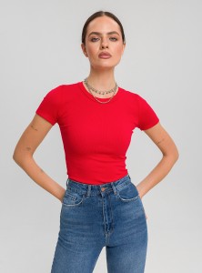 Dopasowana bluzka PEEL SHORT  z prążkowej dzianiny z krótkim rękawem czerwona