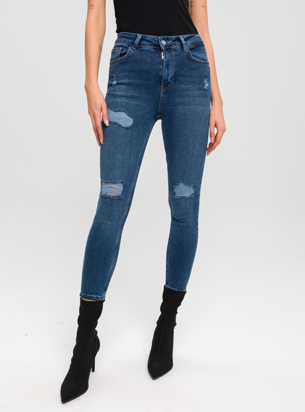 Jeansy damskie 0910 – skinny fit z przetarciami, elastyczne