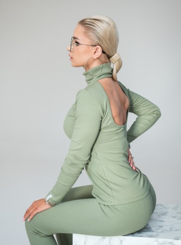 Nasa - dopasowana bluzka z prążkowej dzianiny z długim rękawem i odkrytymi plecami -  Khaki