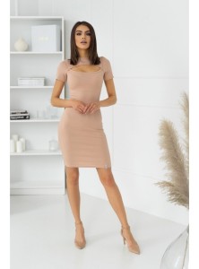 Rio Short - dopasowana sukienka z prążkowanej dzianiny z krótkim rękawem przed kolano - Beż