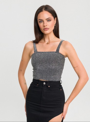 Top Lucci – błyszczący, elastyczny top na ramiączkach srebrny