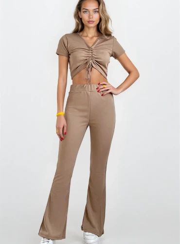 SORELA - komplet krótka bluzka z wiązanianiem top , spodnie z szeroką nogawką - capuccino 