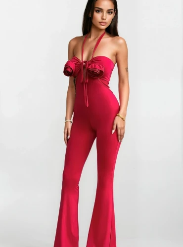 VEGAS - kombinezon z szeroką nogawką oraz  kwiatem - różowy