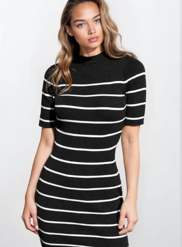 LUNE - sukienka dzianinowa czarna  w białe paski 