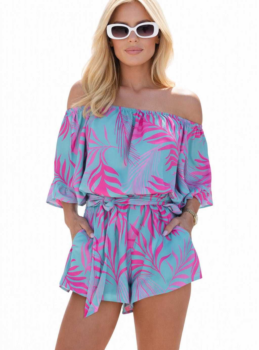 Kombinezon hiszpanka Tropical Pink – turkus z fuksjowym printem 2