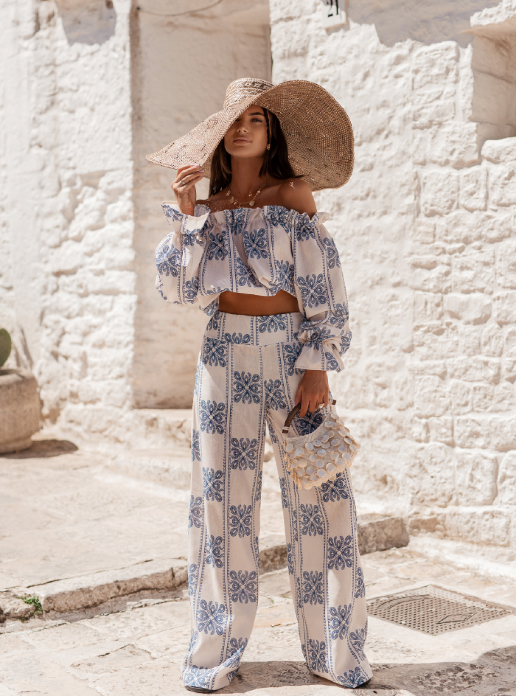 Komplet lniany MIA - Ricamo blue