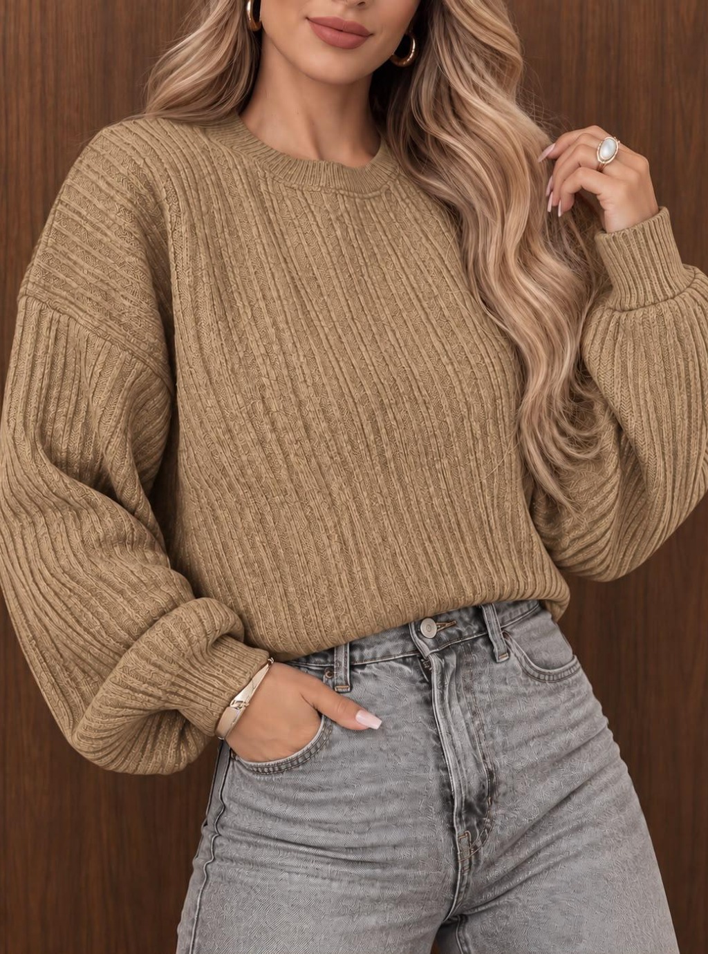 Comfy - sweter damski oversize z prążkowanej dzianiny z długim rękawem - beżowy 4