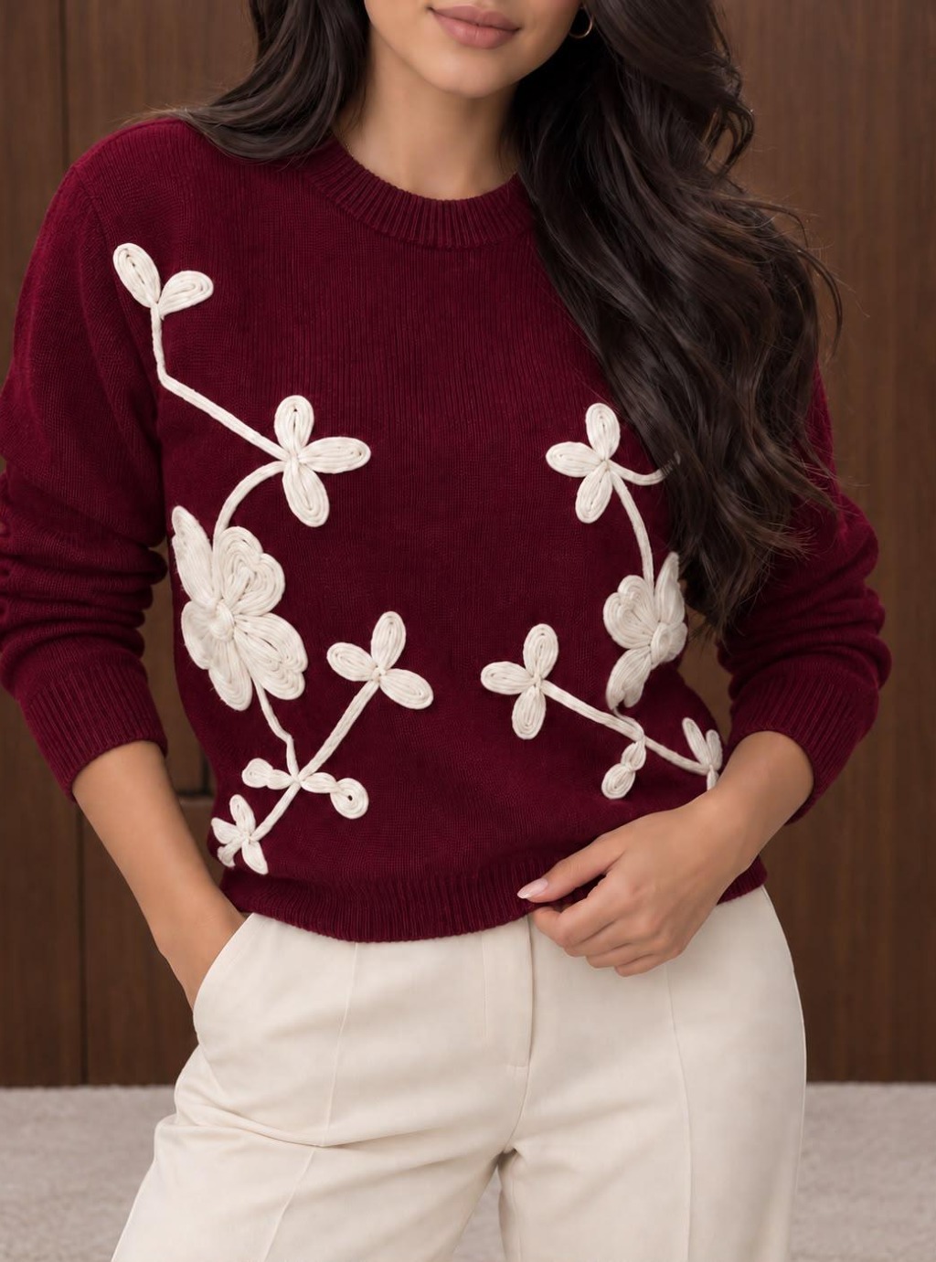 Flower - sweter damski z kwiatowym motywem z długim rękawem - bordowy 3