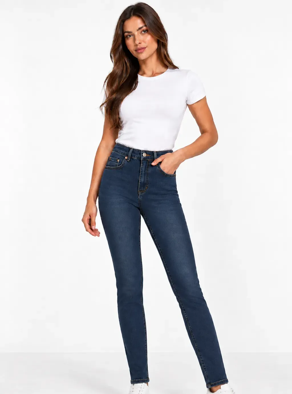 Jeansy damskie 1363 klasyczny fason z wysokim stanem – granatowe