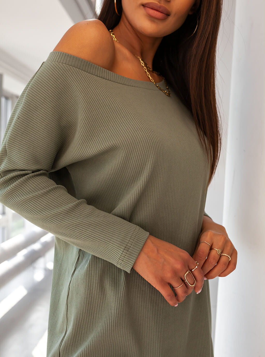 Kate - asymetryczna tunika z prążkowej dzianiny -  khaki  8