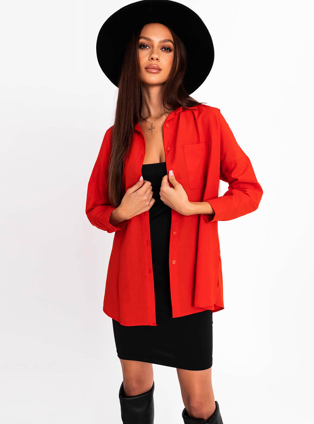 Sova- klasyczna koszula z kieszenią na piersi- koralowa