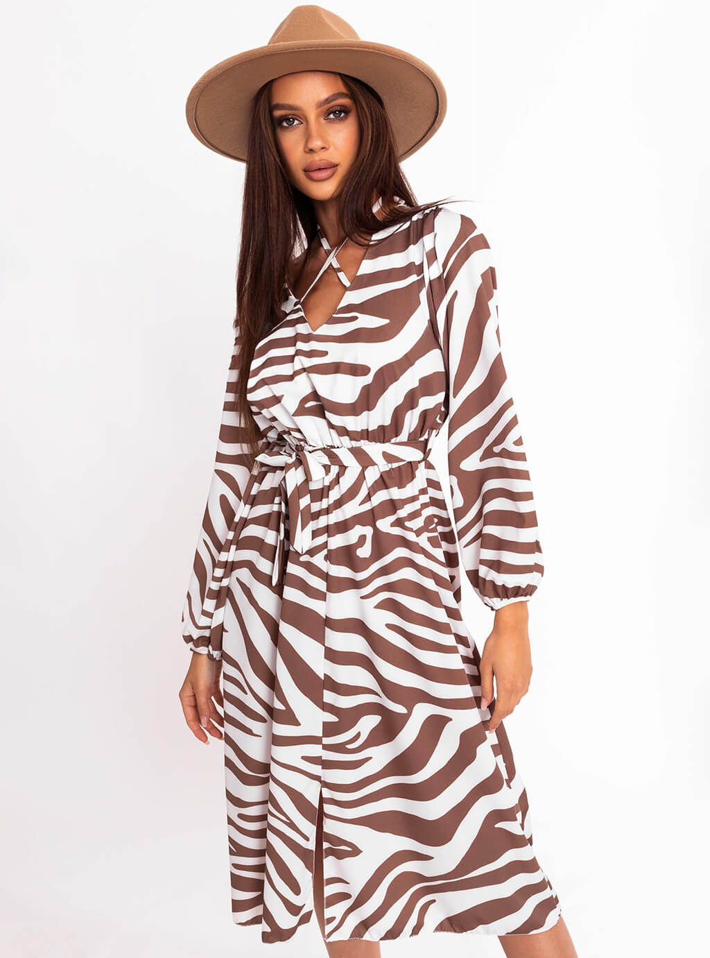 Fortana- sukienka midi z ozdobnym wiązaniem na dekolcie, print zebra- mocca  8