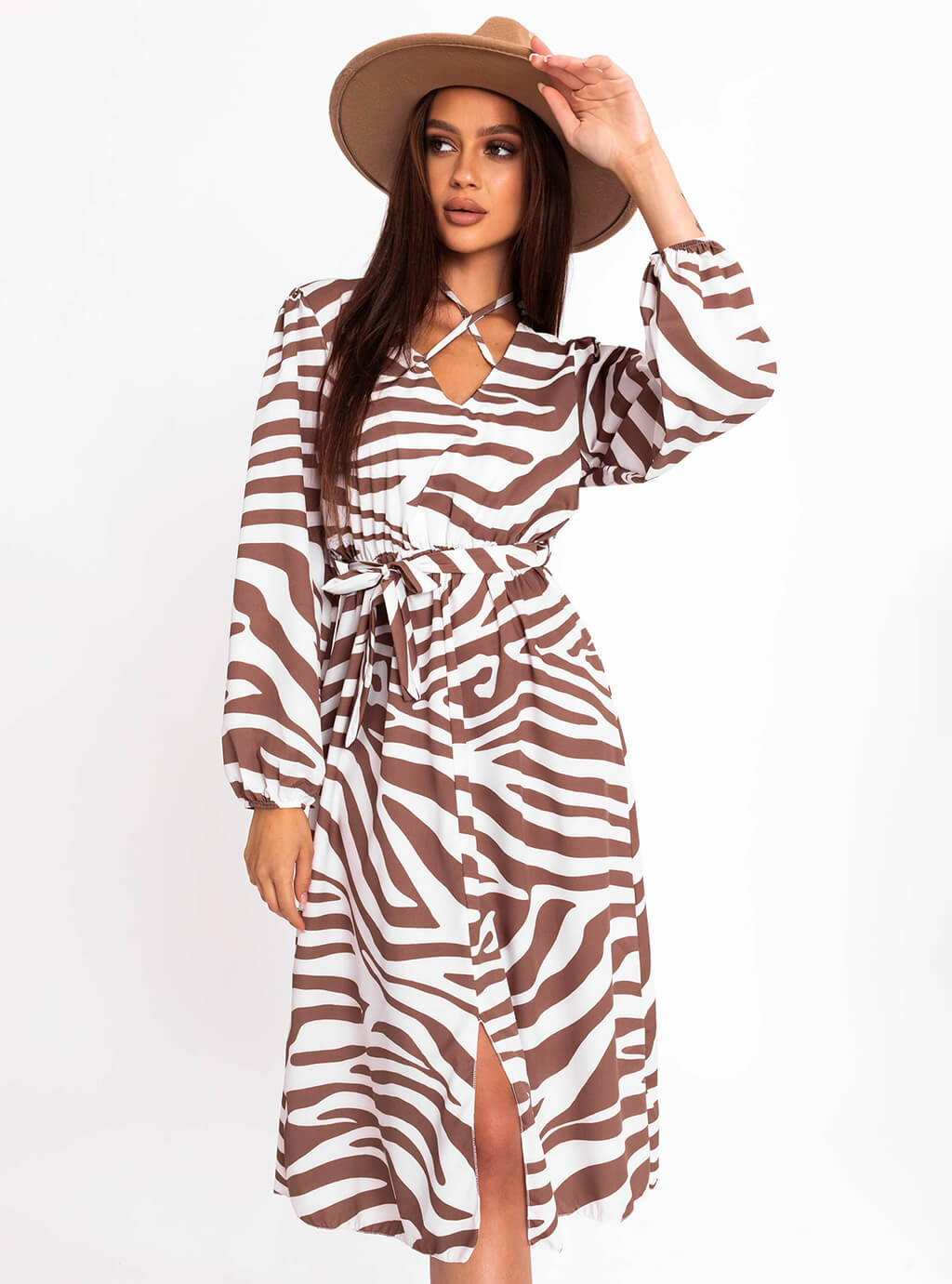 Fortana- sukienka midi z ozdobnym wiązaniem na dekolcie, print zebra- mocca  9